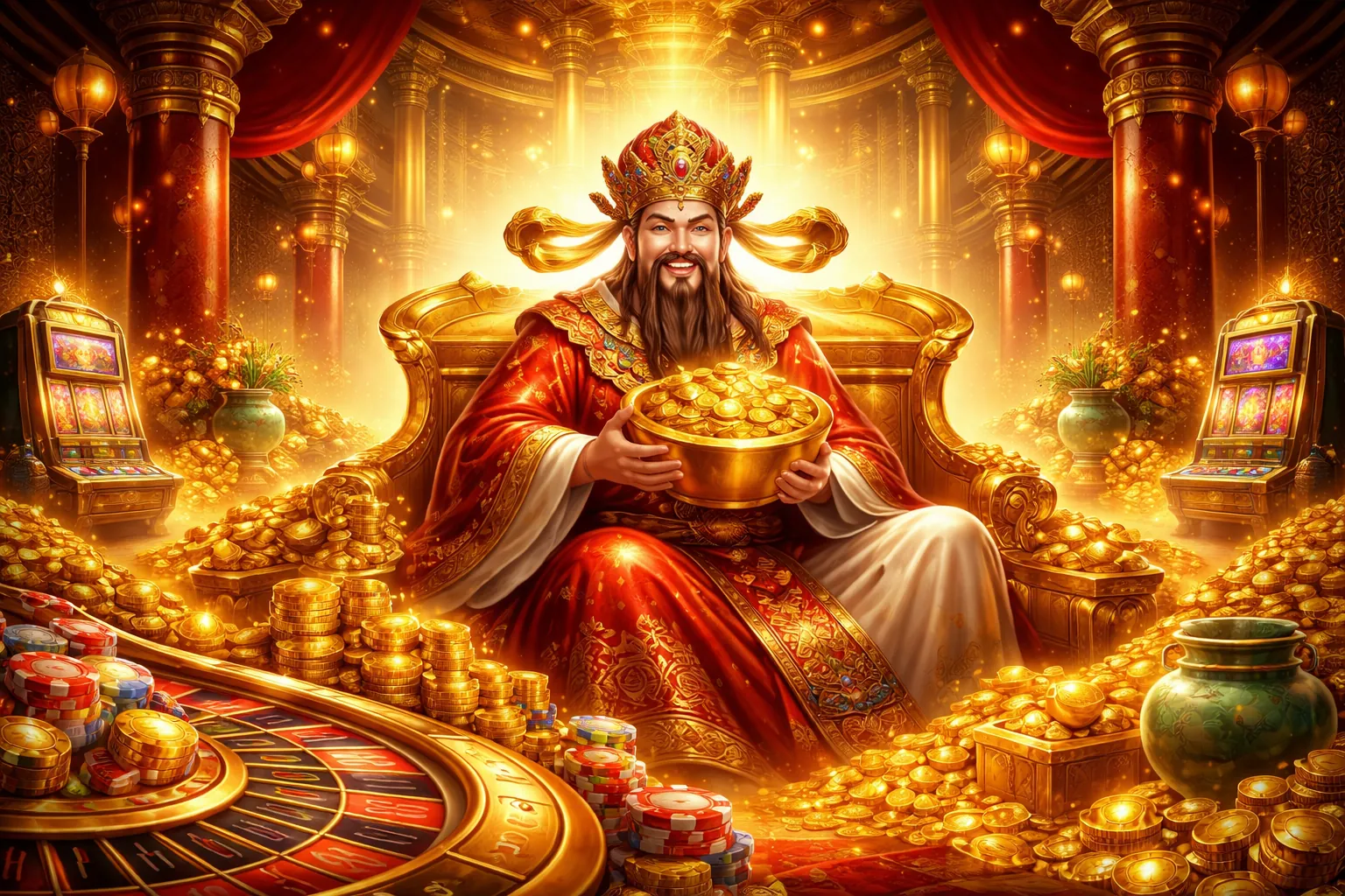 Máy đánh bạc nổ hũ với biểu tượng jackpot lớn trên nền xanh vàng 123B App